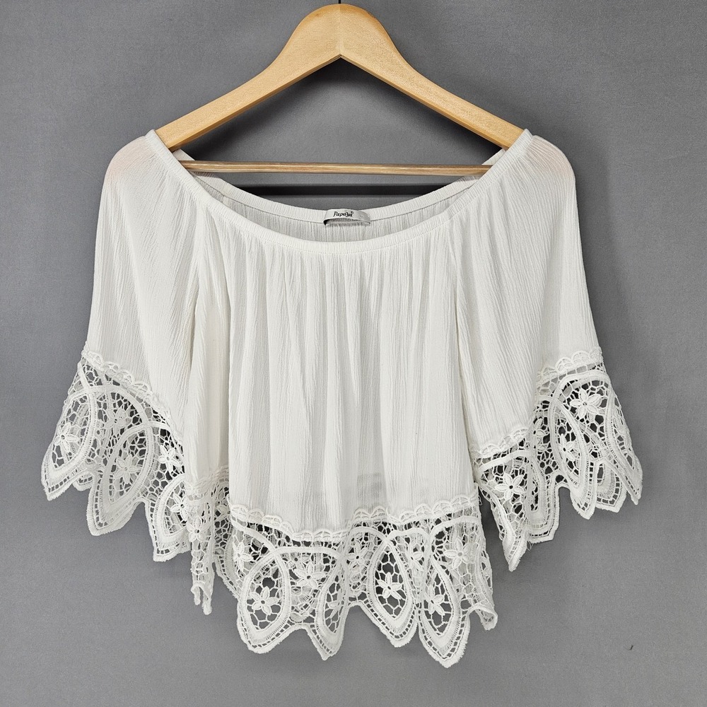 Papaya Off Shoulder Blouse Womens Small White Crochet Lace Boho Festival Top‎